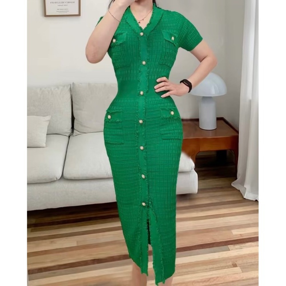 Green Knit Midi Dress Button Down Short Sleeve Fringe Trim Size‎ S/M stretchy